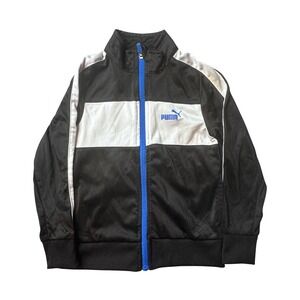 Puma Track Jacket Kids Size 5 Black White Blue Colorblock Full Zip Athletic Logo